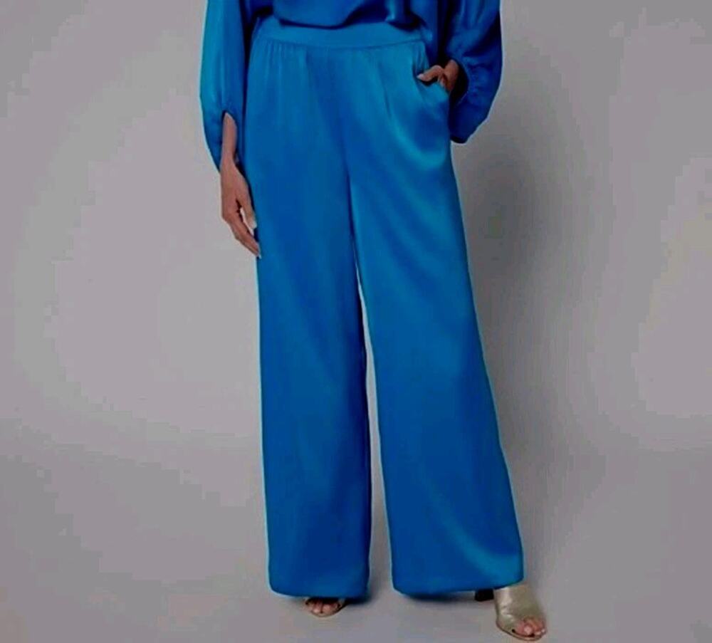 Carla Rockmore Petite M Turquoise Blue Wide Leg Pull On Satin Pant A693745 NWOT